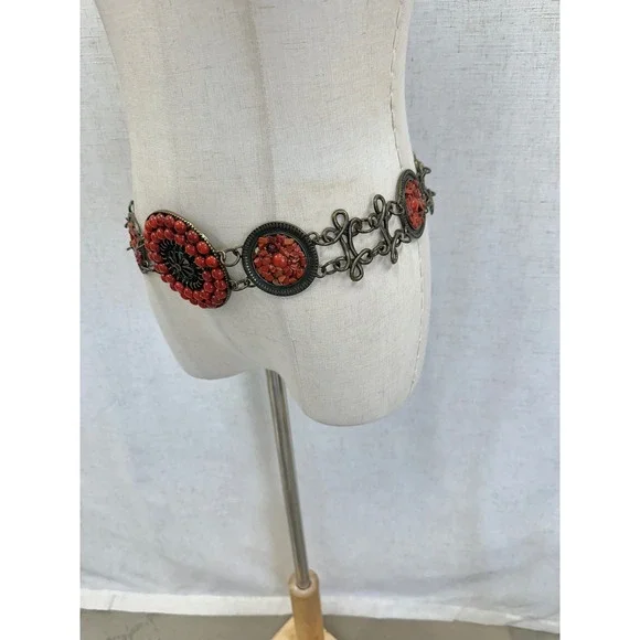Medallion Chain Concho Belt Womens OS Red Faux Coral Antique Brass Boho Style - Picture 8 of 14